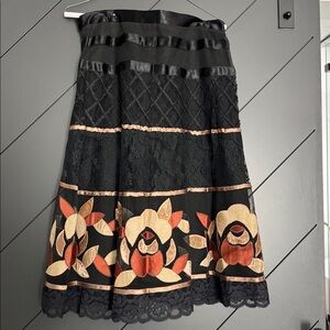 Vintage Italian Black Lace Skirt with Floral Embroidery